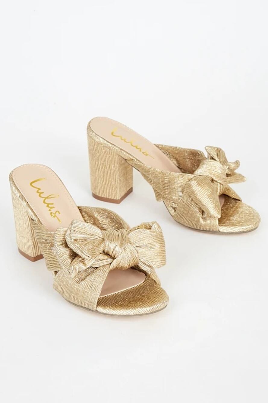 NWOT Lulus Dorothea Gold Knotted Bow Slip On High Heel Sandals Gold 10